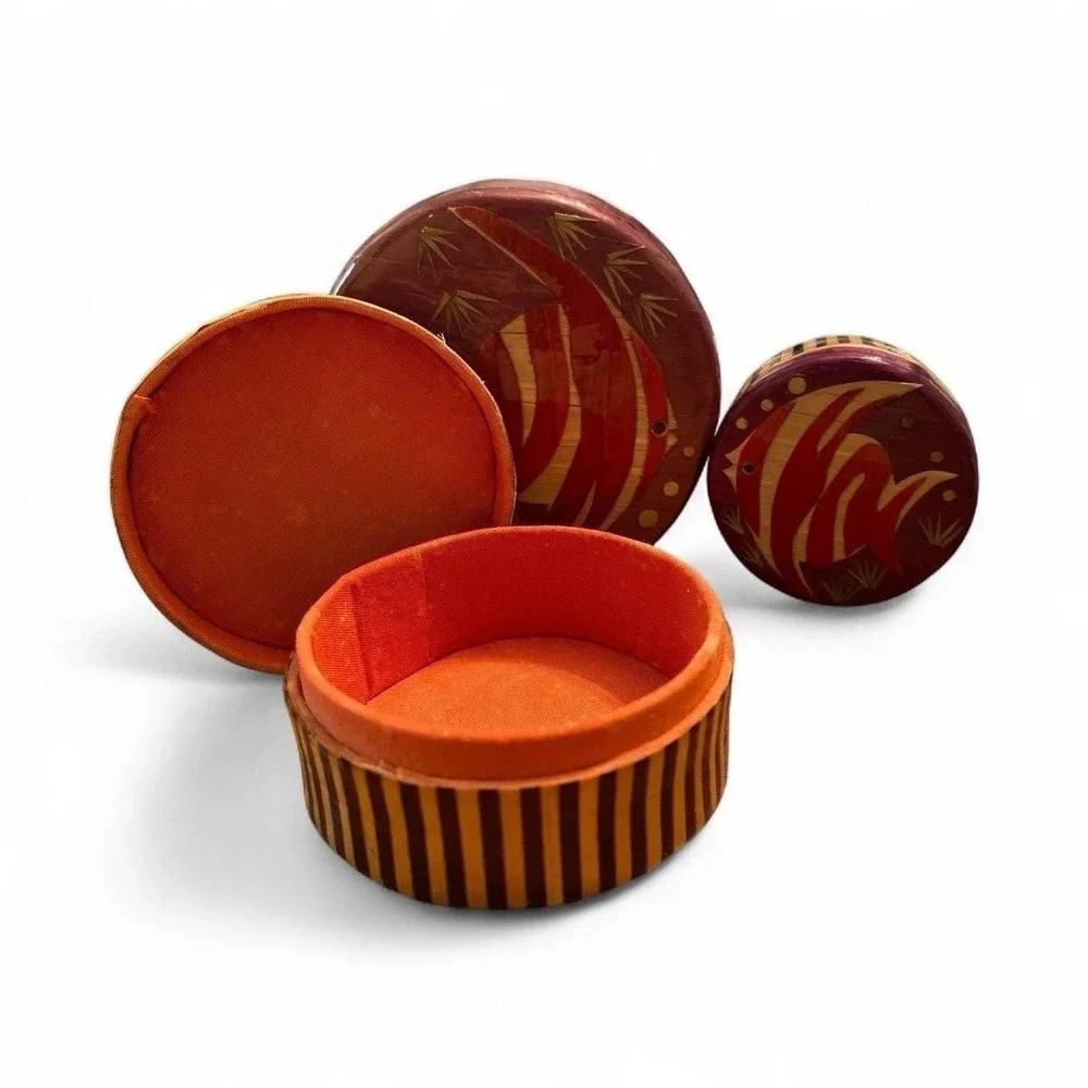 Vintage Nesting Trinket Boxes Set of 3 Tropical Fish Straw Woven